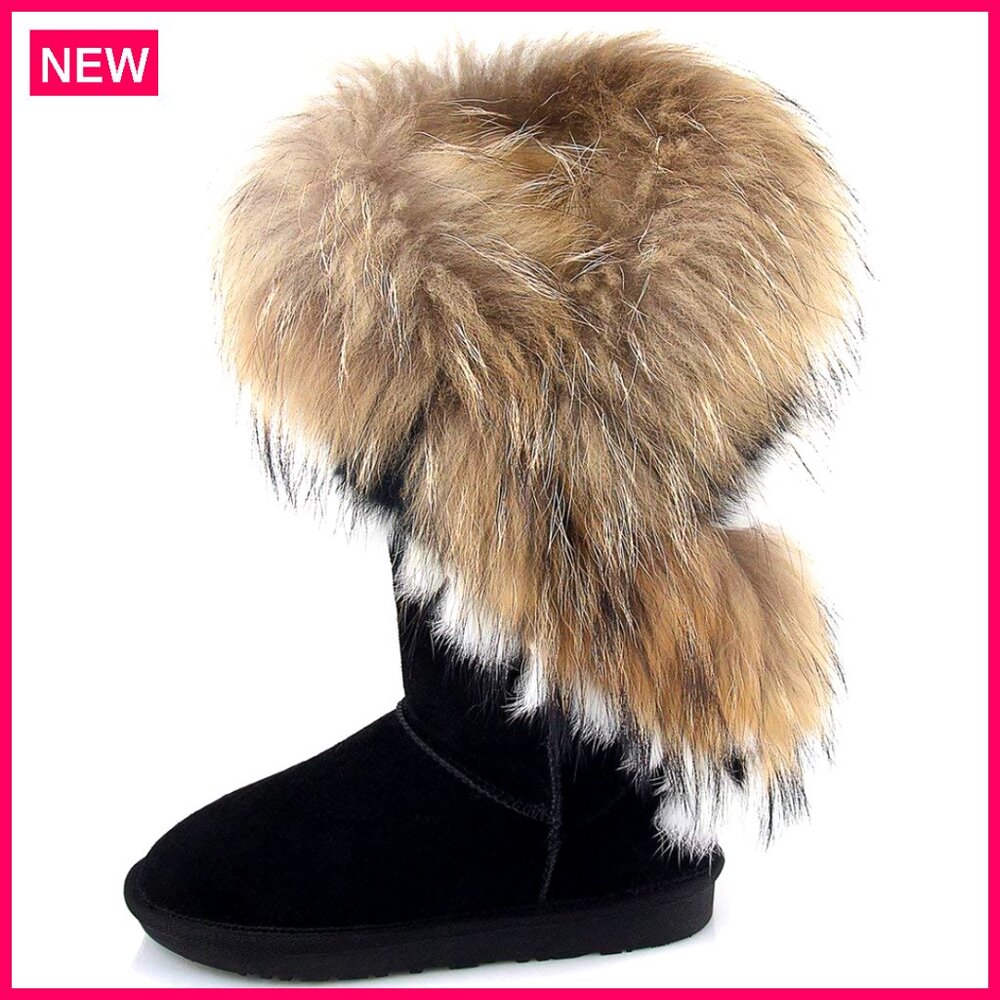 Women's Mid Calf Leather Fur Snow Boots, 11" Shaft, 0.59" Heel, Warm Winter
